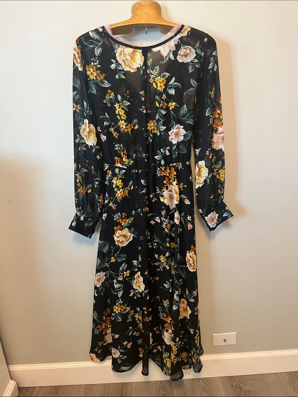 Indigo Rose Black Floral Faux Wrap Maxi Dress with Lace-Trim V-Neck - Picture 6 of 6